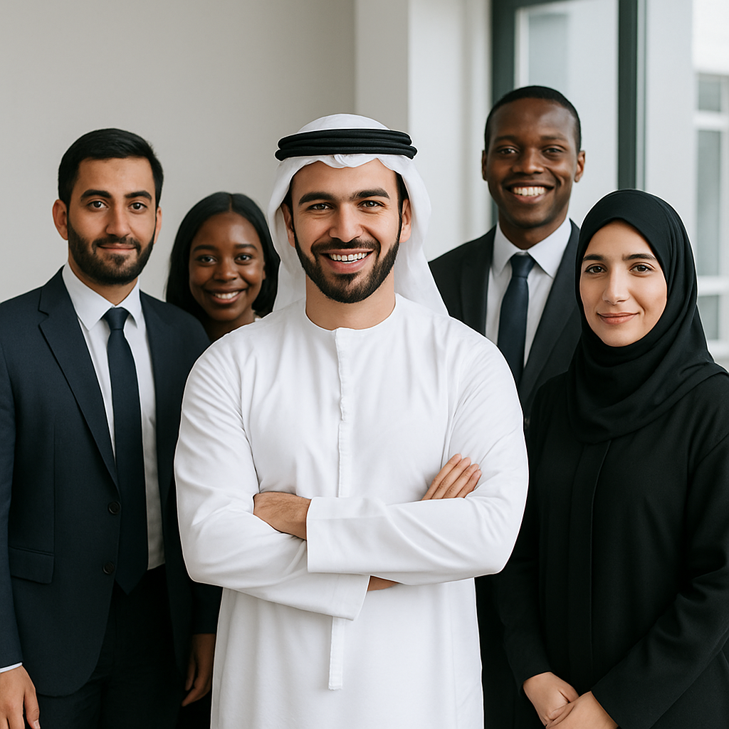 Professional diverse team collaboration in Dubai office